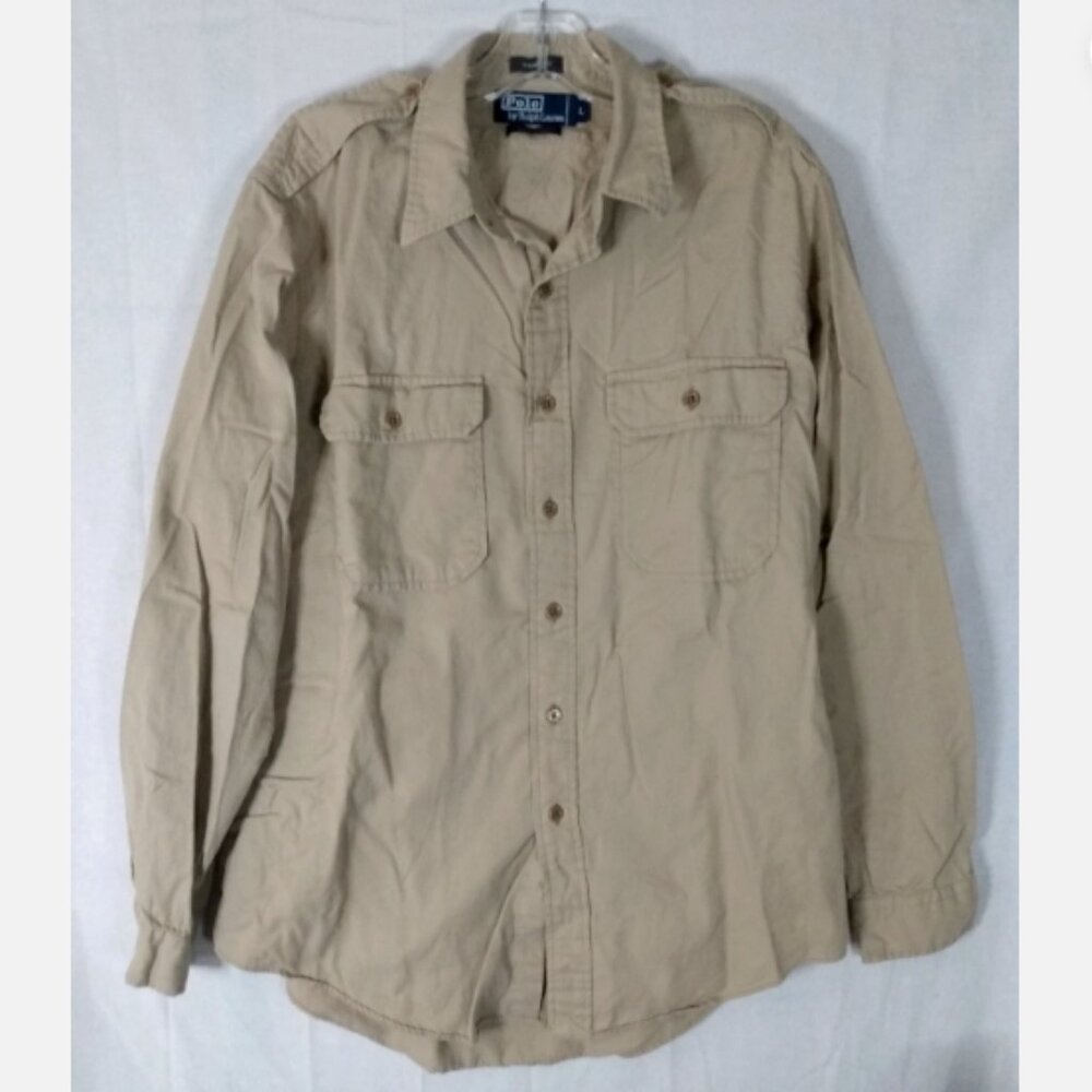 Polo Ralph Lauren Trimmer Kenya Trim Fit Tan Safari Shirt Mens L Military Beige
